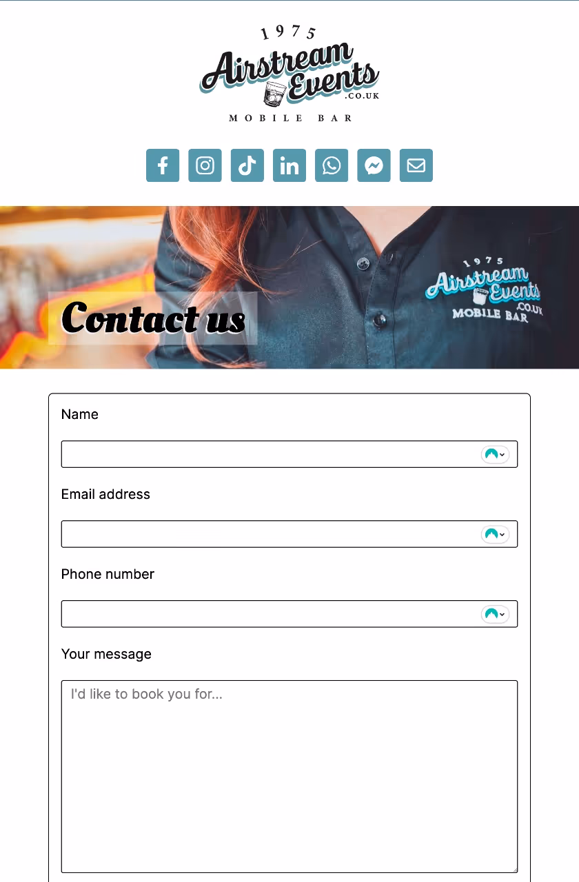 A screenshot of the Airstream Events website at tablet screen size