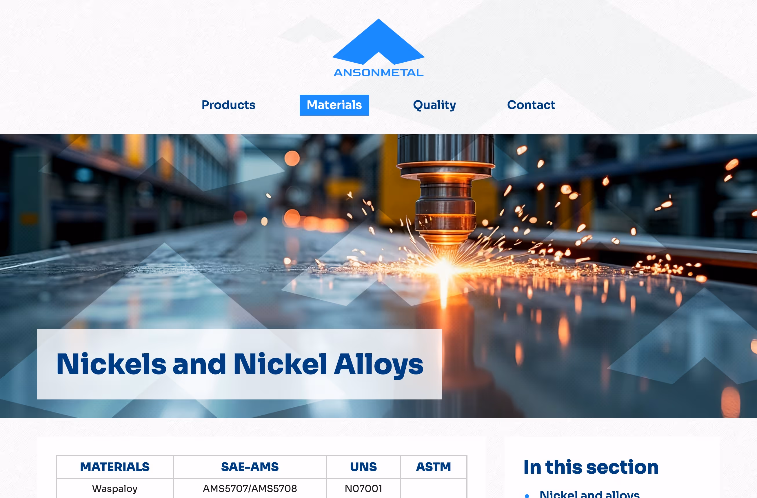 A screenshot of the Anson Metal website at desktop screen size