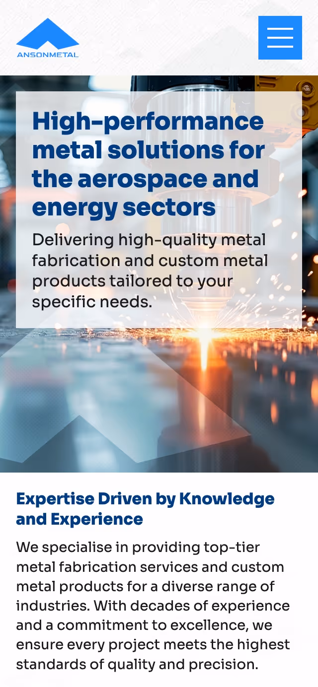 A screenshot of the Anson Metal website at mobile screen size