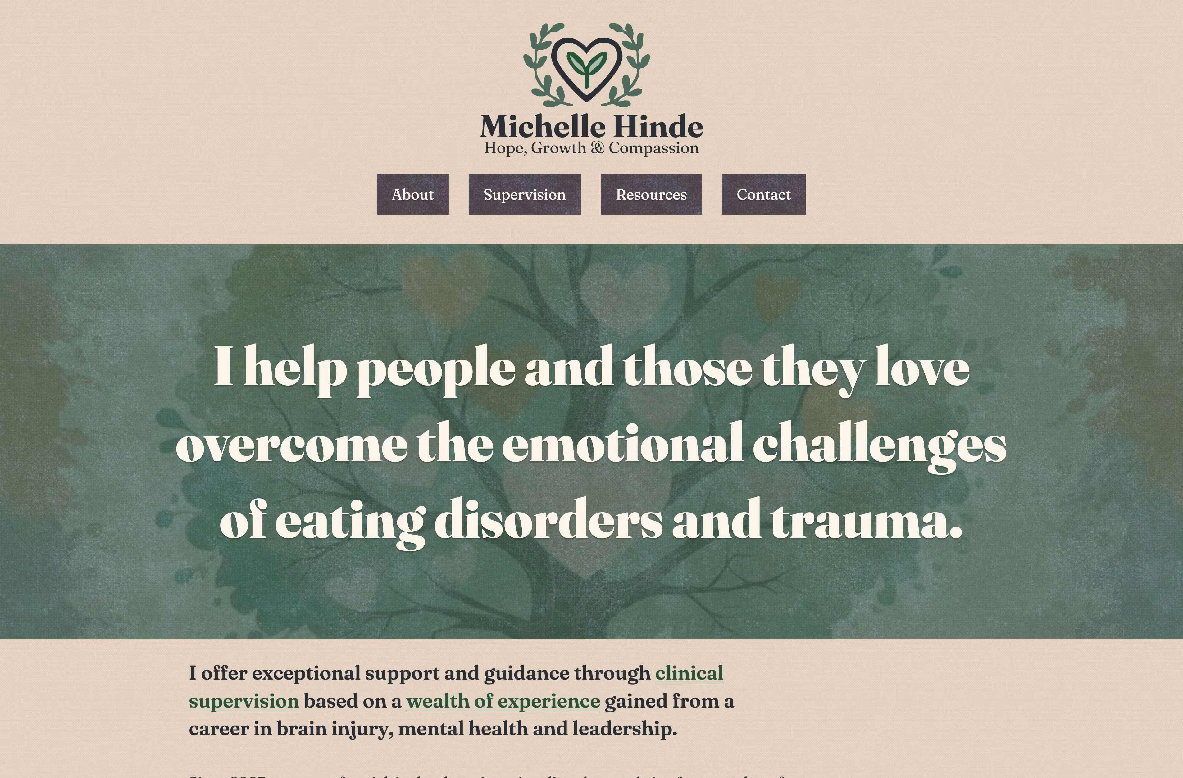 A screenshot of the Michelle Hinde website at desktop screen size