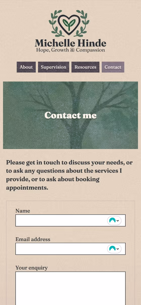 A screenshot of the Michelle Hinde website at mobile screen size