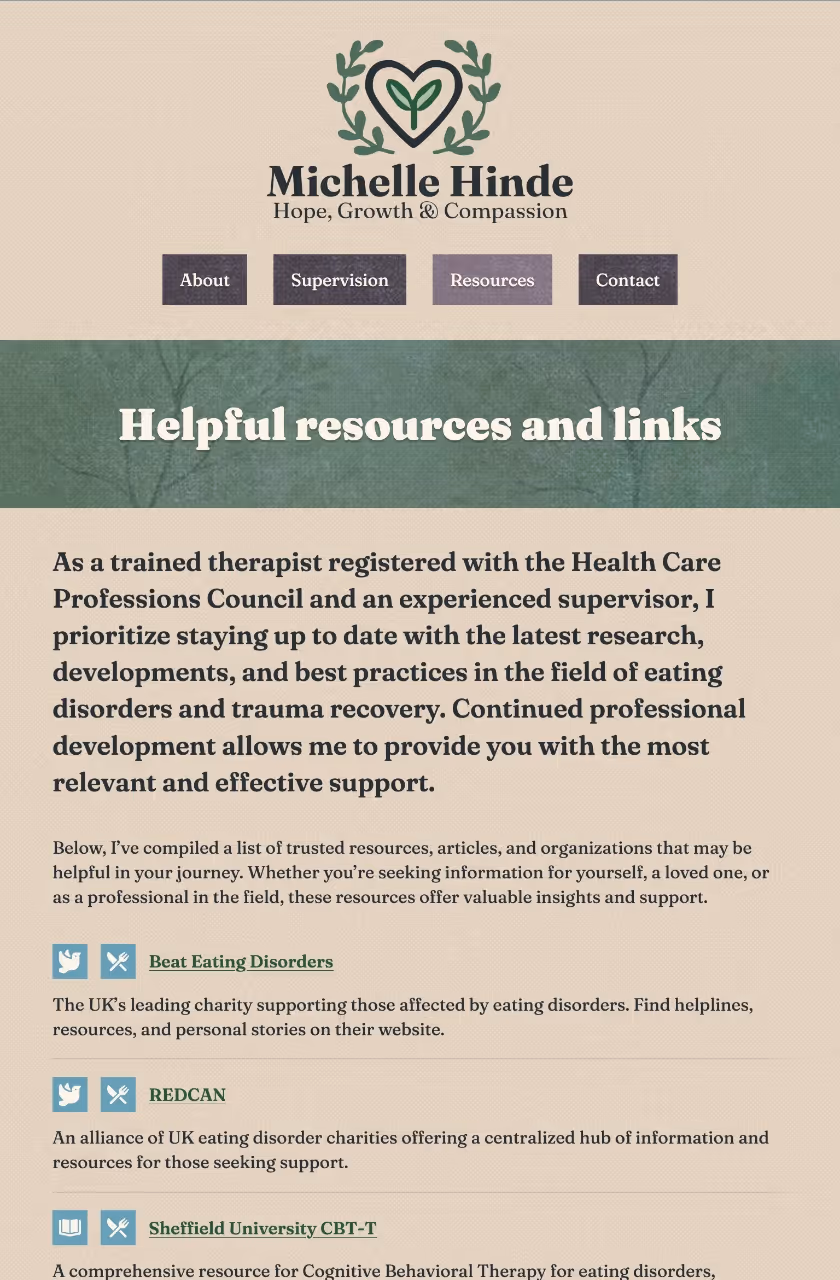 A screenshot of the Michelle Hinde website at tablet screen size